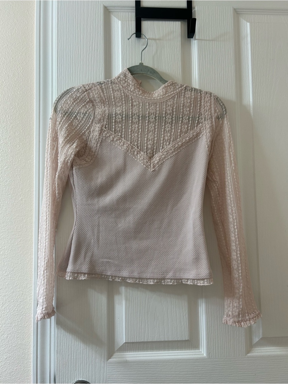 Free People Blush Lace-Inset Long Sleeve Top